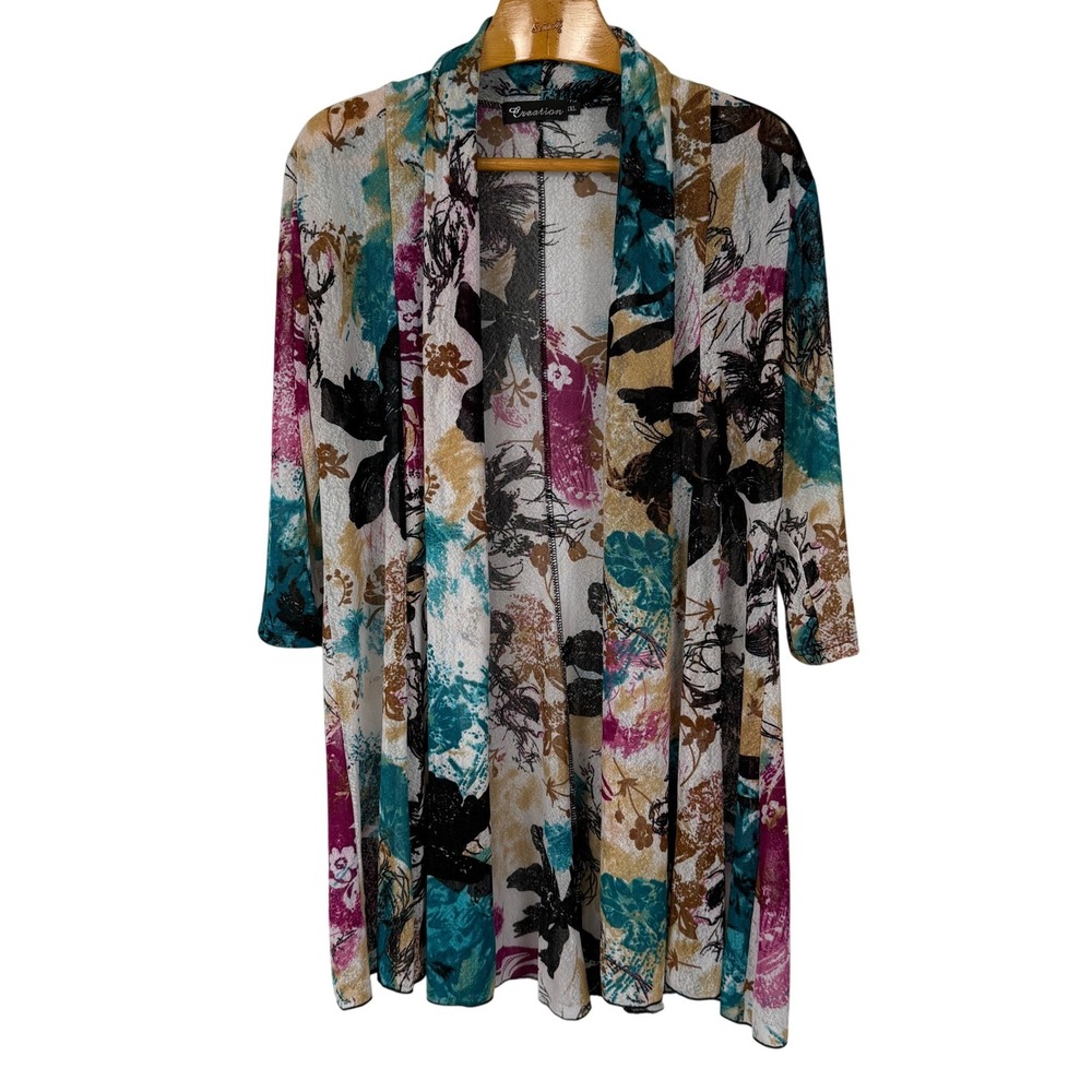 Creation Women XXL Floral Mesh Duster Cardigan Open Front Boho Artsy Kimono
